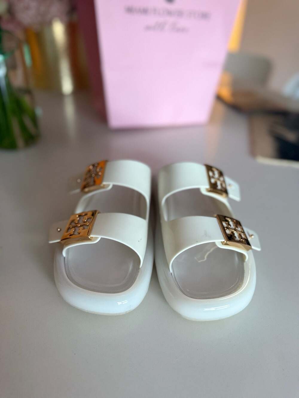 Tory Burch Buckle Bubble Jelly Slide Sandals in Ivory and Gold - Picture 2 of 7